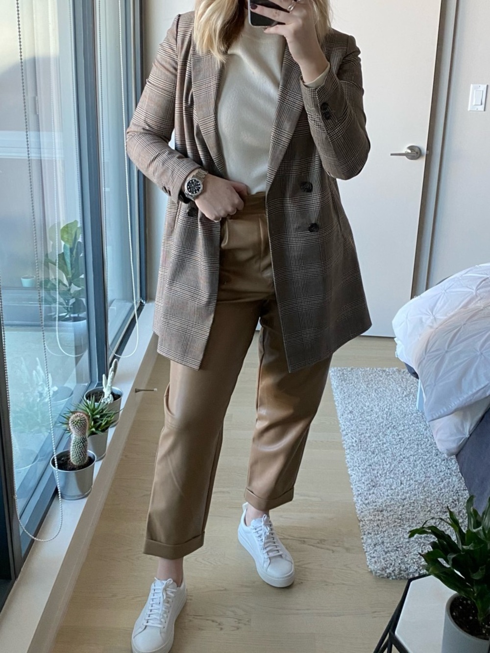 Zara Double-Breasted Glen Plaid Pea Coat - Brown/Gray